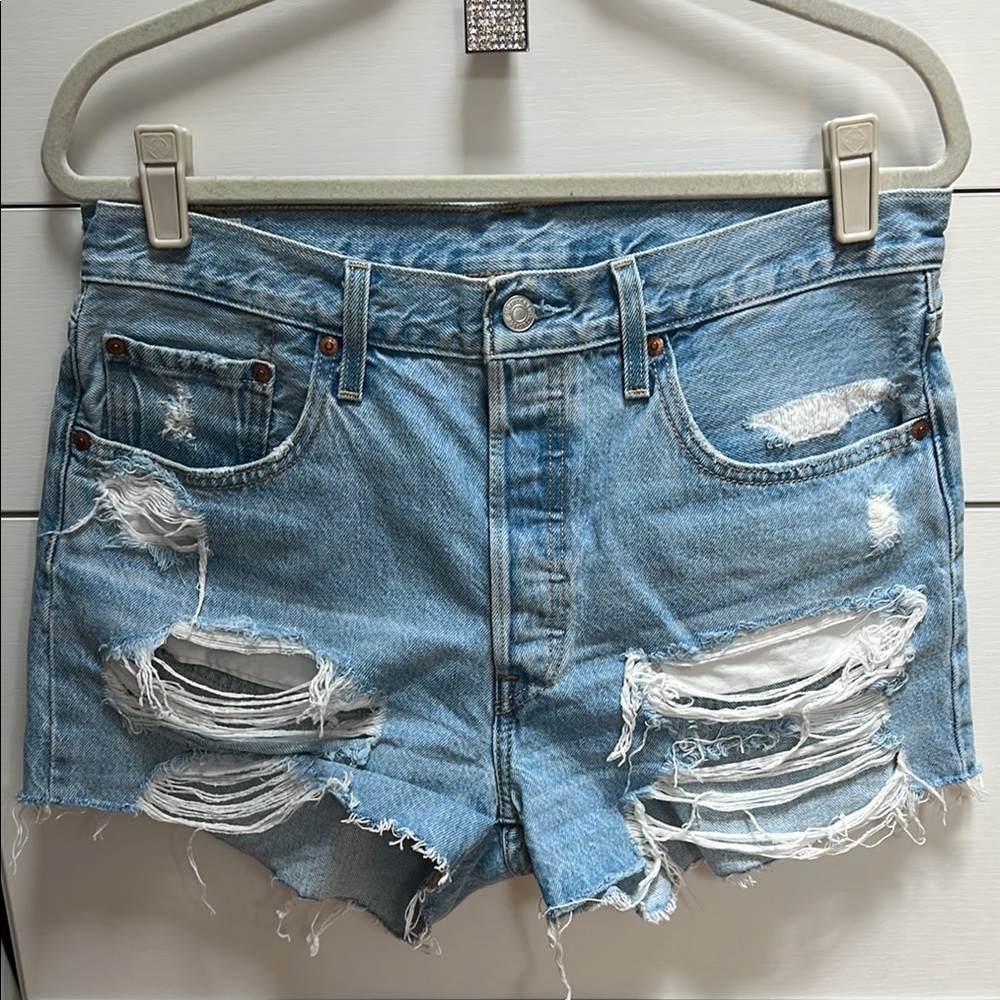 Levi's Blue Distressed Jean Shorts with Raw Hem